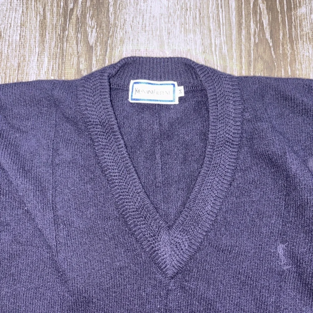 VTG YSL Yves Saint Laurent 80s LambsWool Sweater M Navy Cricket Knit Pullover